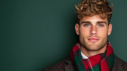 Elegant male model in a festive wool coat and plaid scarf with a holiday vibe on a forest green-to-gray gradient background 