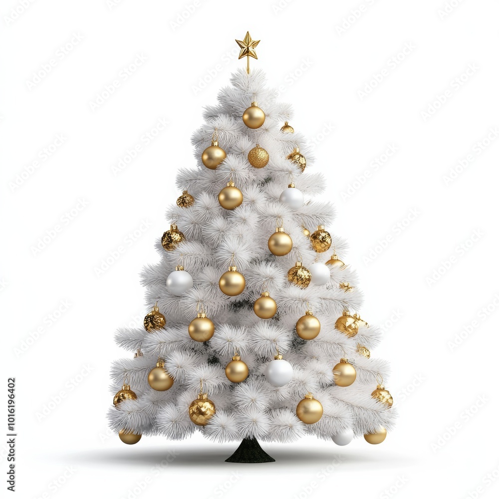 Sticker Elegant white Christmas tree with shimmering gold garlands and glass ornaments isolated on white background 