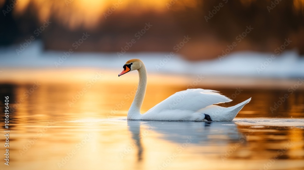 Poster elegant swan gliding across a partially frozen lake, its pristine white feathers matching the snowy 