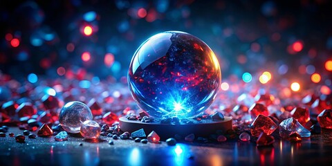 A radiant blue light erupts from within a crystal sphere, casting an ethereal glow across a bed of ruby red stones, creating a mesmerizing display of contrasting energy.