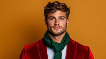 Obraz premium Fashionable man with chiseled features in a red velvet Christmas blazer and scarf on a warm gold-to-burgundy gradient background 