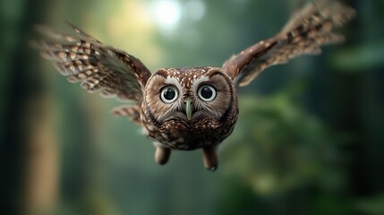 Majestic Owl in Flight Over Lush Forest Background