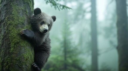 Obraz premium Young Bear Climbing Tree in Misty Forest Setting