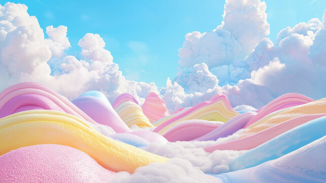 Abstract pastel dreamscape depicts soft, rolling hills of fluffy textures, set against a serene blue sky, creating an ethereal and peaceful visual experience.