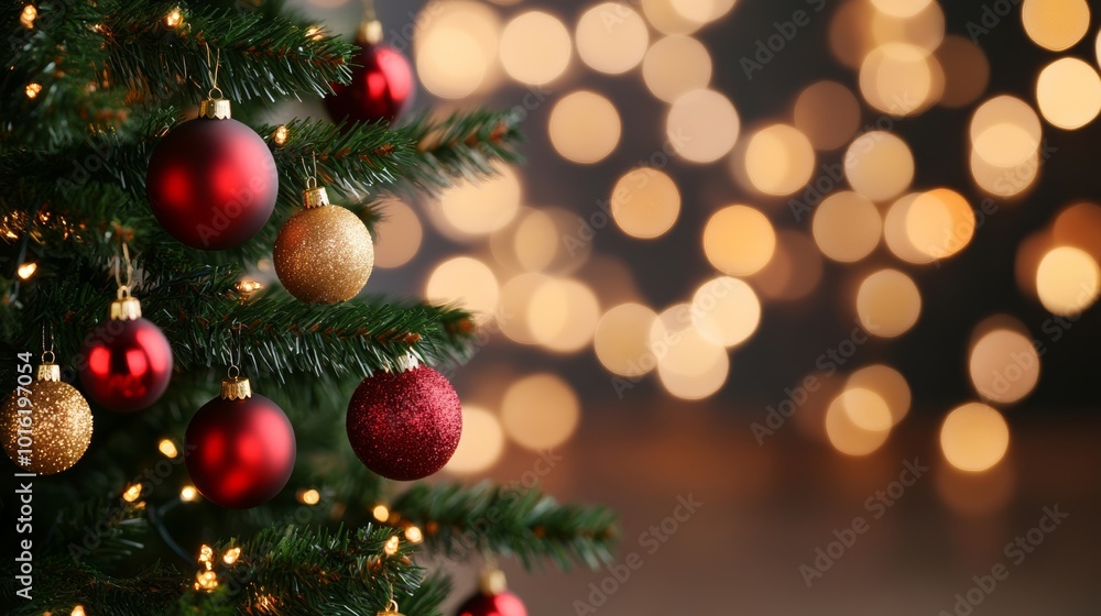 Poster festive christmas tree with red and gold decorations, blurred background with twinkling bokeh lights