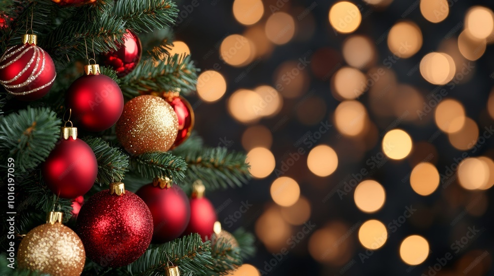 Poster festive christmas tree with red and gold decorations, blurred background with twinkling bokeh lights