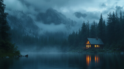 Fototapeta premium Rainy Day in Washington State Forest with Cabin by a Crystal-Clear Lake