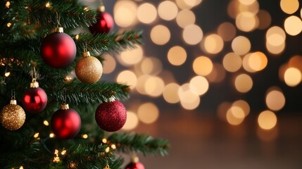 Obraz premium Festive Christmas tree with red and gold decorations, blurred background with twinkling bokeh lights creating a soft glow 