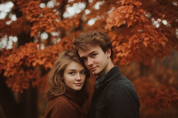 Fototapeta premium A young couple shares a tender moment, embracing under a tree with vividly colored autumn leaves, highlighting the beauty of romance and connection in nature's hue.