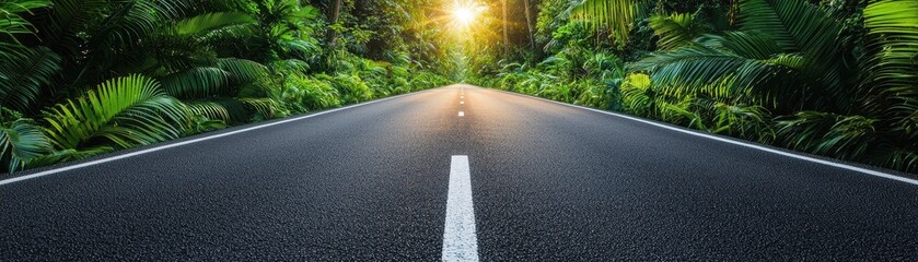 Obraz premium A serene asphalt road leads through lush greenery, illuminated by the warm glow of the sun, inviting exploration and adventure