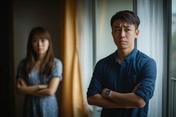 A man and woman indoors appear involved in a serious emotional discussion, underscored by expressions of concern and unease, representing relational dynamics.