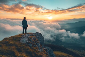 Obraz premium A lone woman stands on a mountainous peak, gazing at the stunning sunset over a sea of clouds, embodying serenity and contemplation amidst nature's beauty.