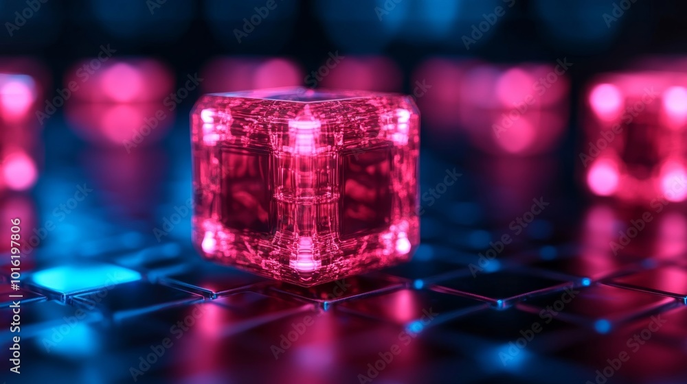 Poster floating glowing 3d cubes with tech gadgets and discount signs inside for a high-tech cyber monday v