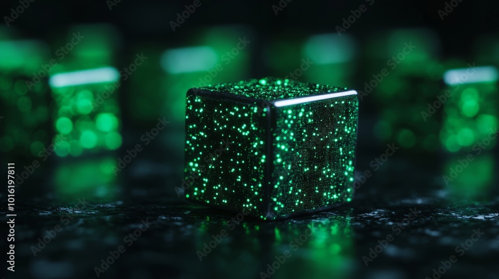 Poster floating glowing 3d cubes with tech gadgets and discount signs inside for a high-tech cyber monday v
