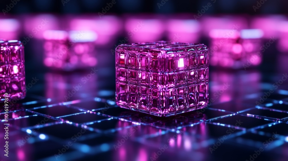 Poster floating glowing 3d cubes with tech gadgets and discount signs inside for a high-tech cyber monday v