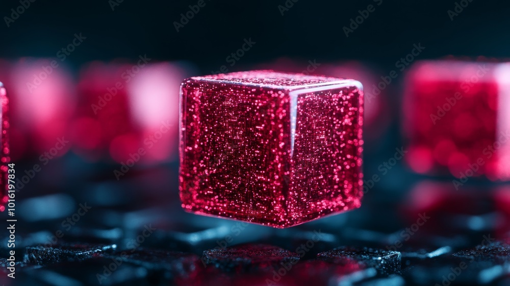 Poster floating glowing 3d cubes with tech gadgets and discount signs inside for a high-tech cyber monday v