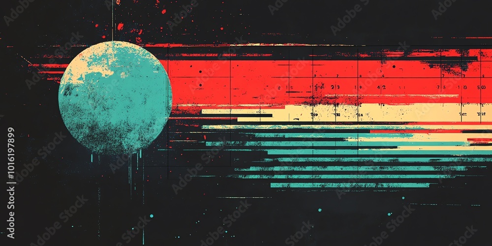 Poster a teal and red abstract background with glitch effect and a sphere.