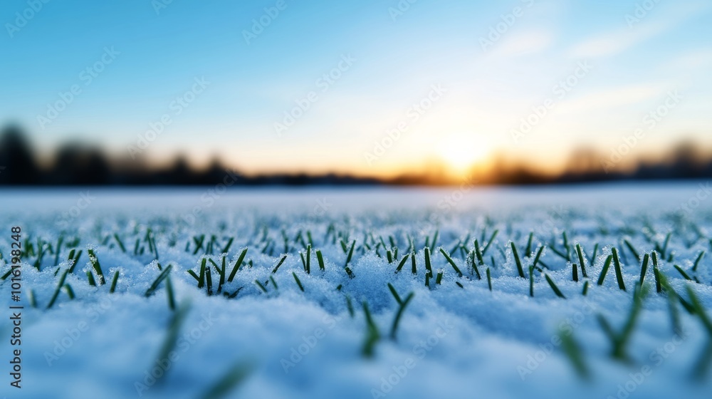 Aufkleber frost-covered grass in a wide snow-covered field with soft light and an empty space for text