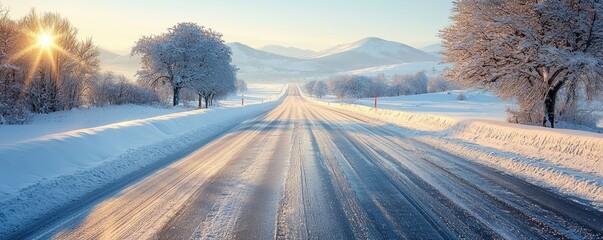 Serene Snowy Highway Adventure Concept. A serene winter road surrounded by snow-covered trees and mountains under a bright sun, winter snow highway landscape 