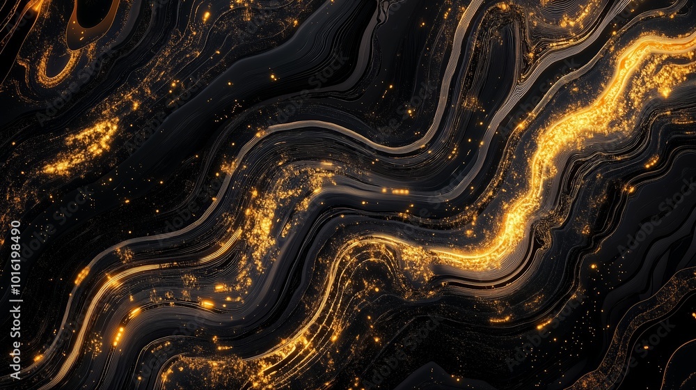Poster abstract golden waves on a dark background representing fluid motion and digital art techniques