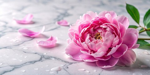 Fototapeta premium A single pink peony with delicate petals lies on a cool marble surface, surrounded by scattered petals and glistening water droplets.