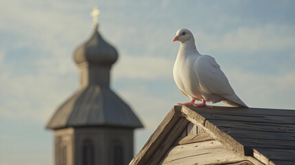 White Dove Against Russian Wooden Church