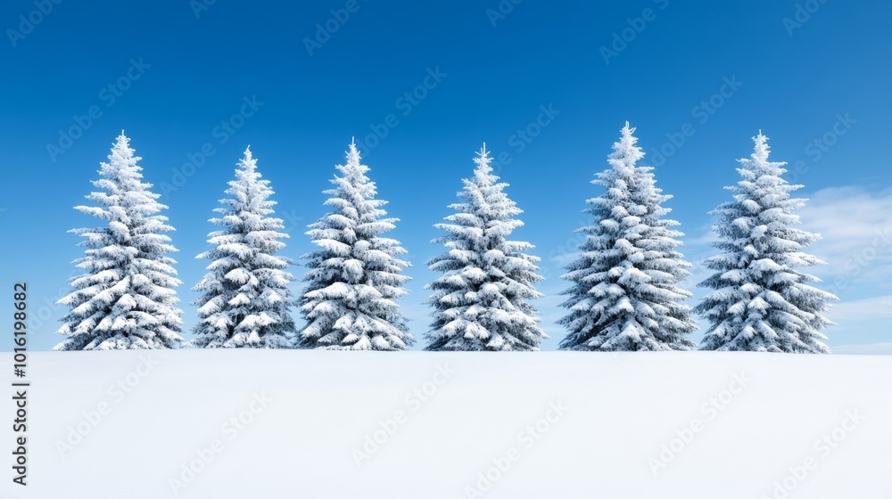 Wall mural Frosty evergreen trees covered in thick snow under a bright blue sky, creating a serene winter forest scene 