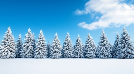 Fototapeta premium Frosty evergreen trees covered in thick snow under a bright blue sky, creating a serene winter forest scene 