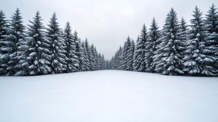 Fototapeta premium Frosty pine forest under a soft, cloudy winter sky with a serene blanket of snow covering the forest floor 