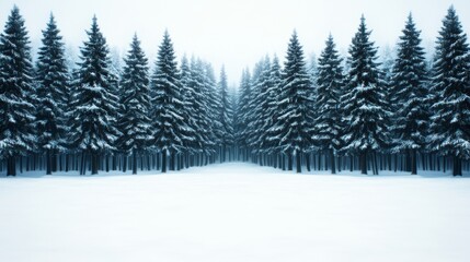 Fototapeta premium Frosty pine forest under a soft, cloudy winter sky with a serene blanket of snow covering the forest floor 