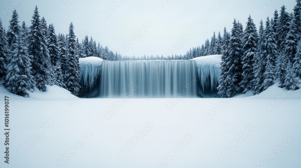 Poster frozen waterfall in a snow-covered forest with misty white sky and large empty space for text