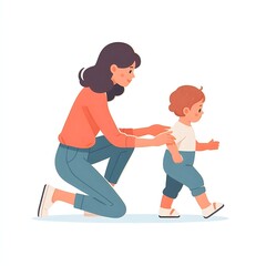 Flat-style illustration of a mom gently helping her toddler take their first steps. Ideal for family, parenting, and early childhood-themed designs. Simple, heartwarming composition on a white