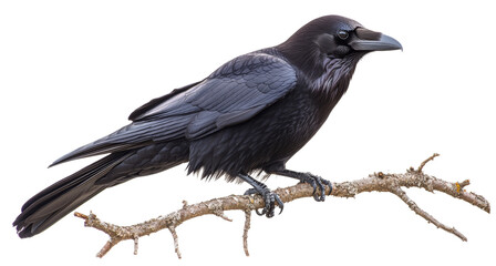 Obraz premium Raven Perched on Branch Isolated White Background
