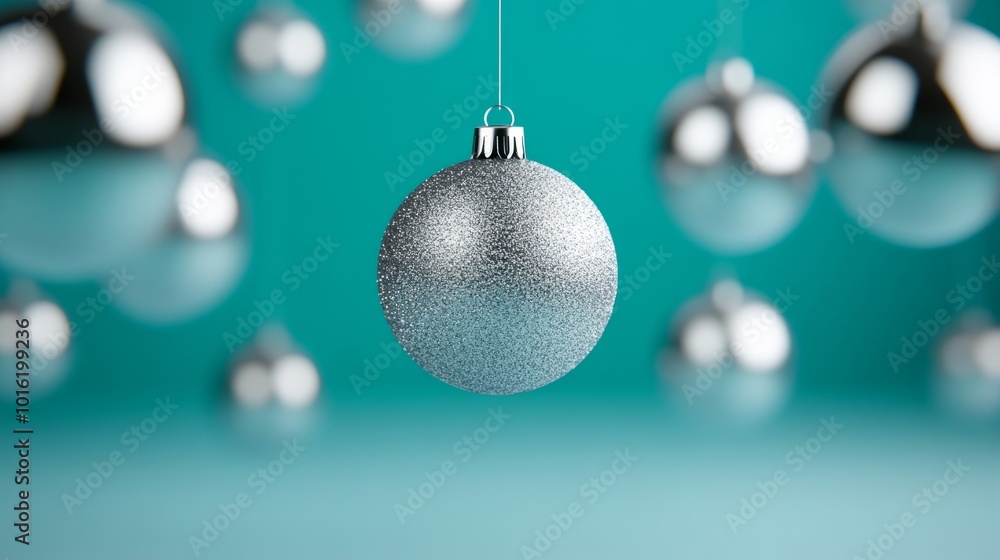 Poster geometric new year design with metallic shapes and floating ornaments on a futuristic silver-to-aqua