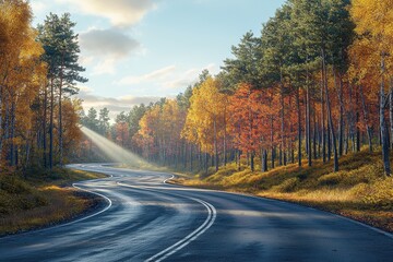Fototapeta premium Scenic autumn road winding through colorful trees, with soft sunlight illuminating the landscape in a tranquil, picturesque setting