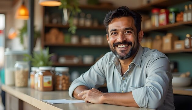 portrait of happy Indian small grocery store owner sitting at the cash counter