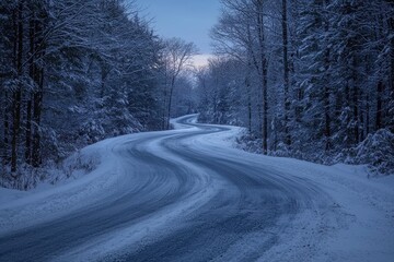 Obraz premium Serene Snowy Highway Adventure Concept. Winding road through a snow-covered forest at dusk, creating a serene and tranquil winter highway landscape