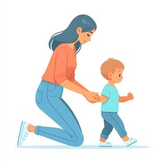 Fototapeta premium Flat-style illustration of a mom gently helping her toddler take their first steps. Ideal for family, parenting, and early childhood-themed designs. Simple, heartwarming composition on a white