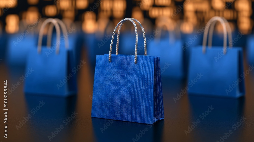 Poster glowing blue shopping bags surrounded by binary code on a dark gradient background for cyber monday 
