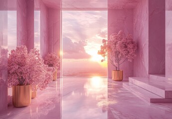 Pink flowering trees in pots inside pink marble room with a large window overlooking a pink sunset city skyline .