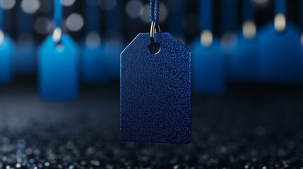 Glowing blue holographic price tags floating in a virtual reality space for a futuristic Cyber Monday sale background