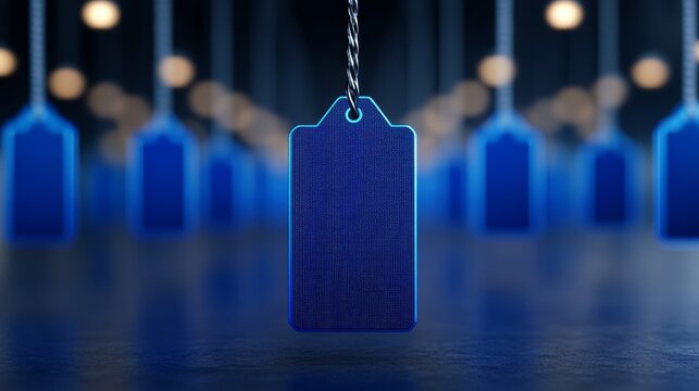 Glowing blue holographic price tags floating in a virtual reality space for a futuristic Cyber Monday sale background  - Powered by Adobe