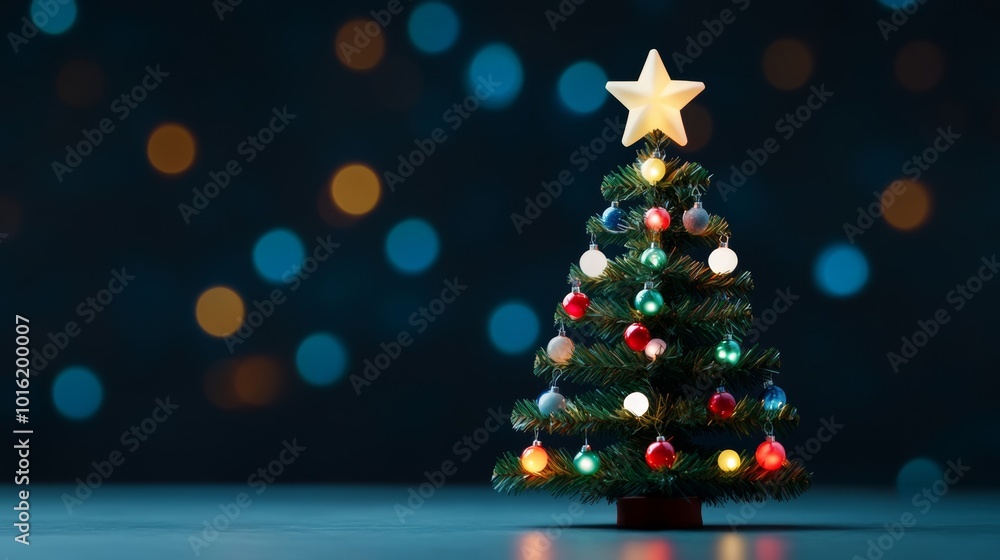 Poster glowing christmas tree with star topper and colorful lights, blurred bokeh background adding festive