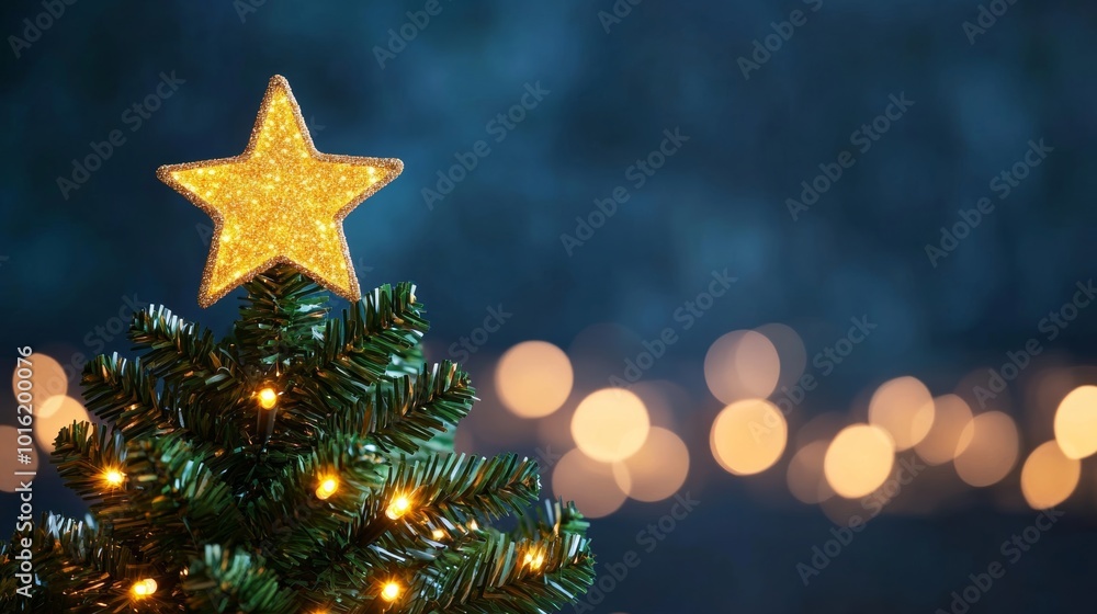 Poster glowing christmas tree with star topper and colorful lights, blurred bokeh background adding festive