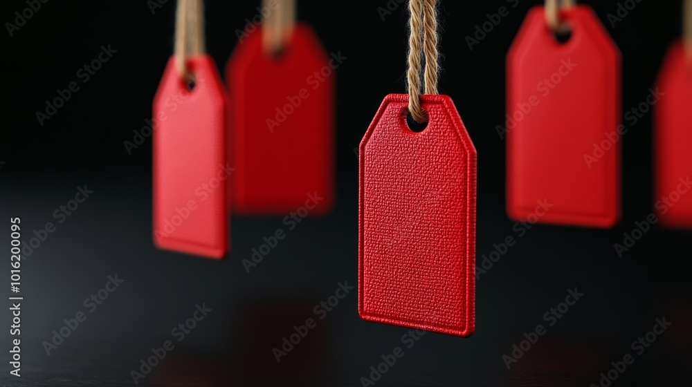 Poster glowing red 3d sale tags hanging from invisible strings over a matte black background for black frid