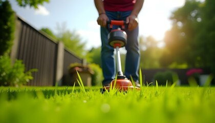 A man using an electric trimmer to cut or trim grass