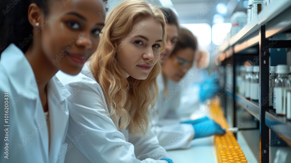 Aufkleber Diverse group of scientists from different countries working for research, development, and testing together in a lab to develop a new medicine.