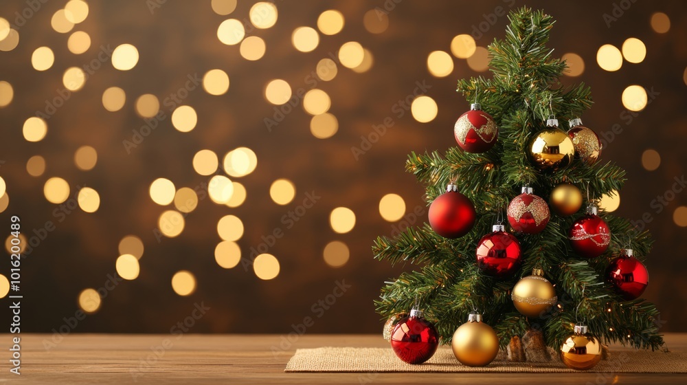 Wall mural Golden-lit Christmas tree with bright ornaments on a plain burlap canvas backdrop, floating soft bokeh lights 