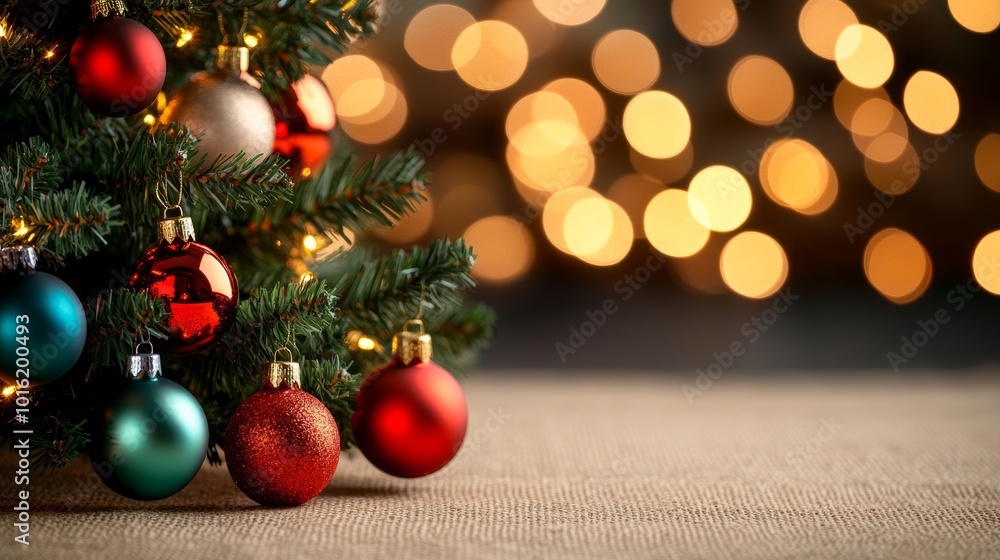 Poster golden-lit christmas tree with bright ornaments on a plain burlap canvas backdrop, floating soft bok