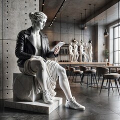 statue seated in a sleek modern café, wearing a black leather jacket and sneakers, surrounded by minimalist furniture and concrete walls. verticale, generative, ai